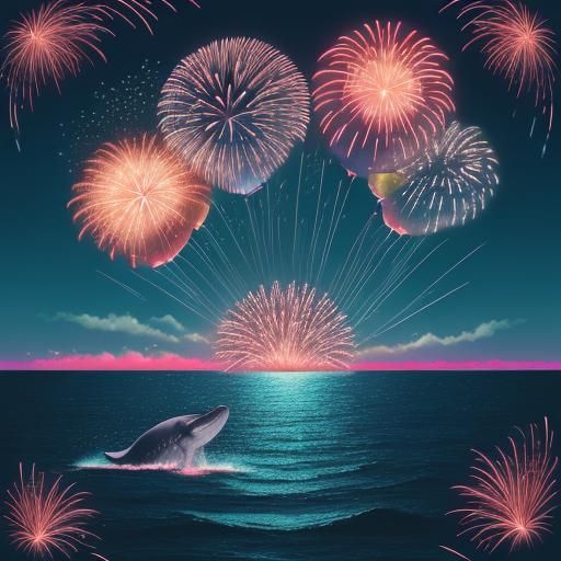 Ocean Balloons with Fireworks in Synthwave Style