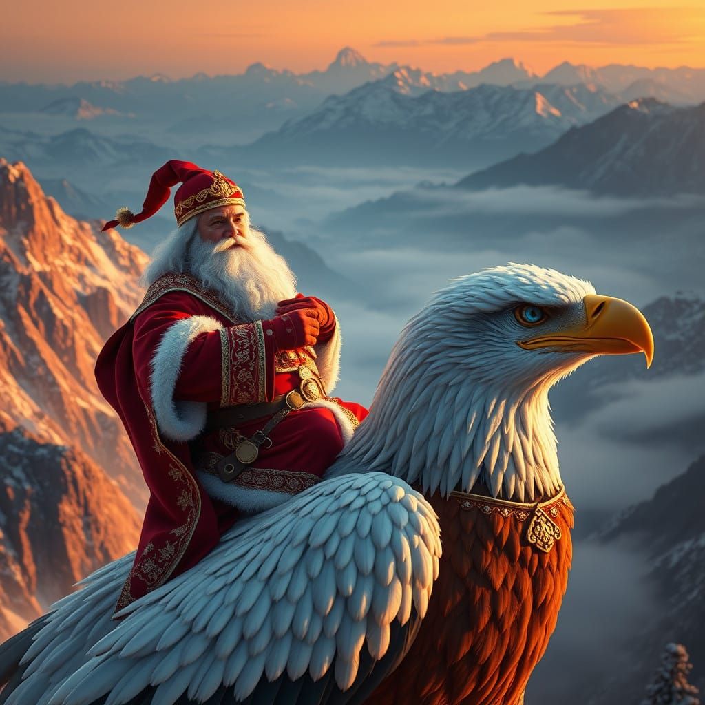 Regal Santa Claus Rides Majestic Eagle Over Misty Mountains....