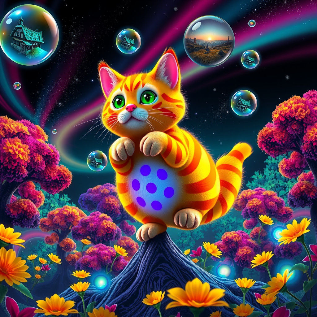 Striped Cat Balances in Fluorescent Flower Garden