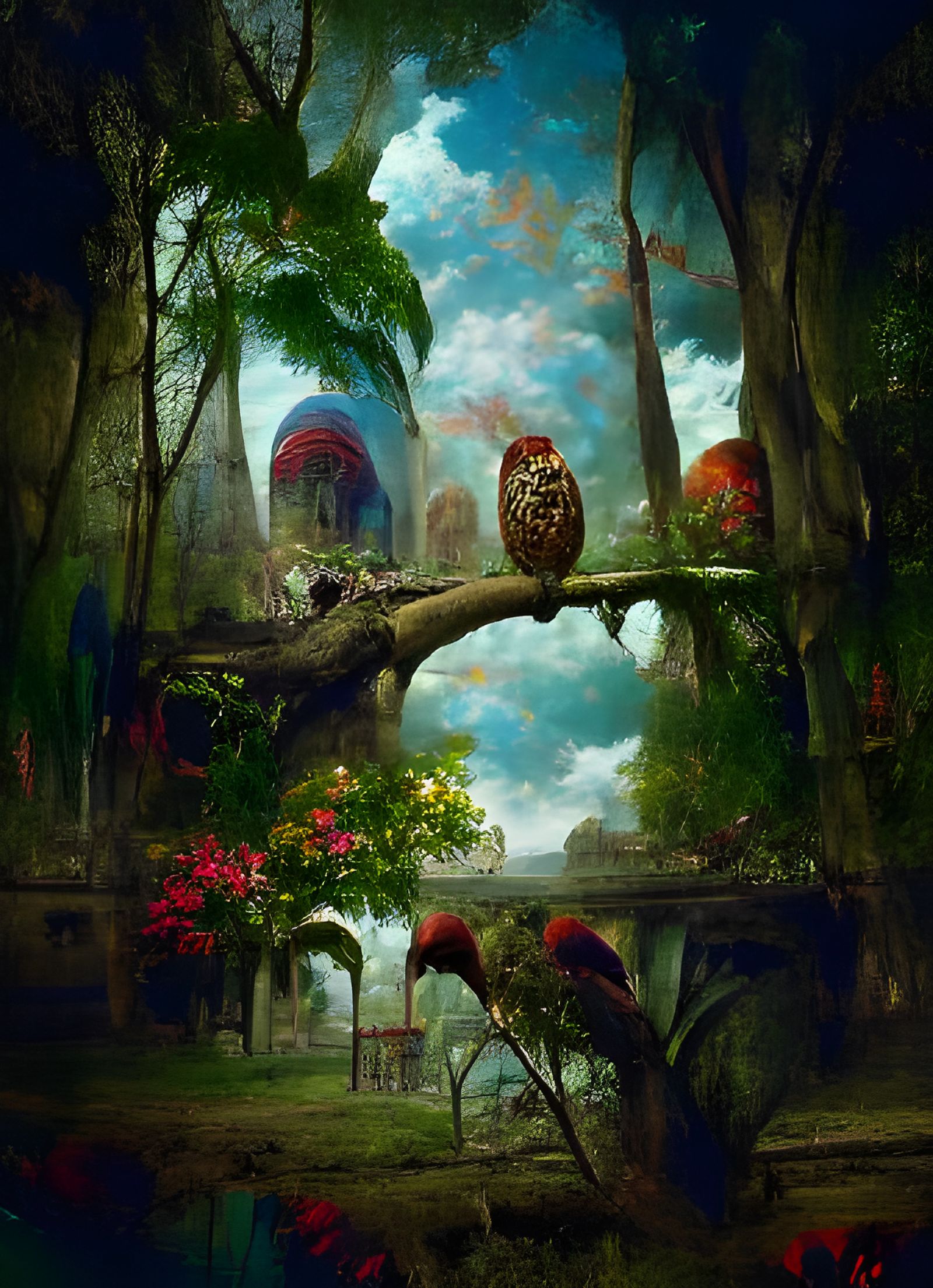 Tropical Big-Eyed Owls in a Lush Landscape