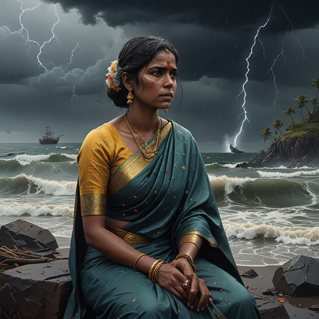 Tamil Wife Waits for Husband on Treacherous Ocean Shore