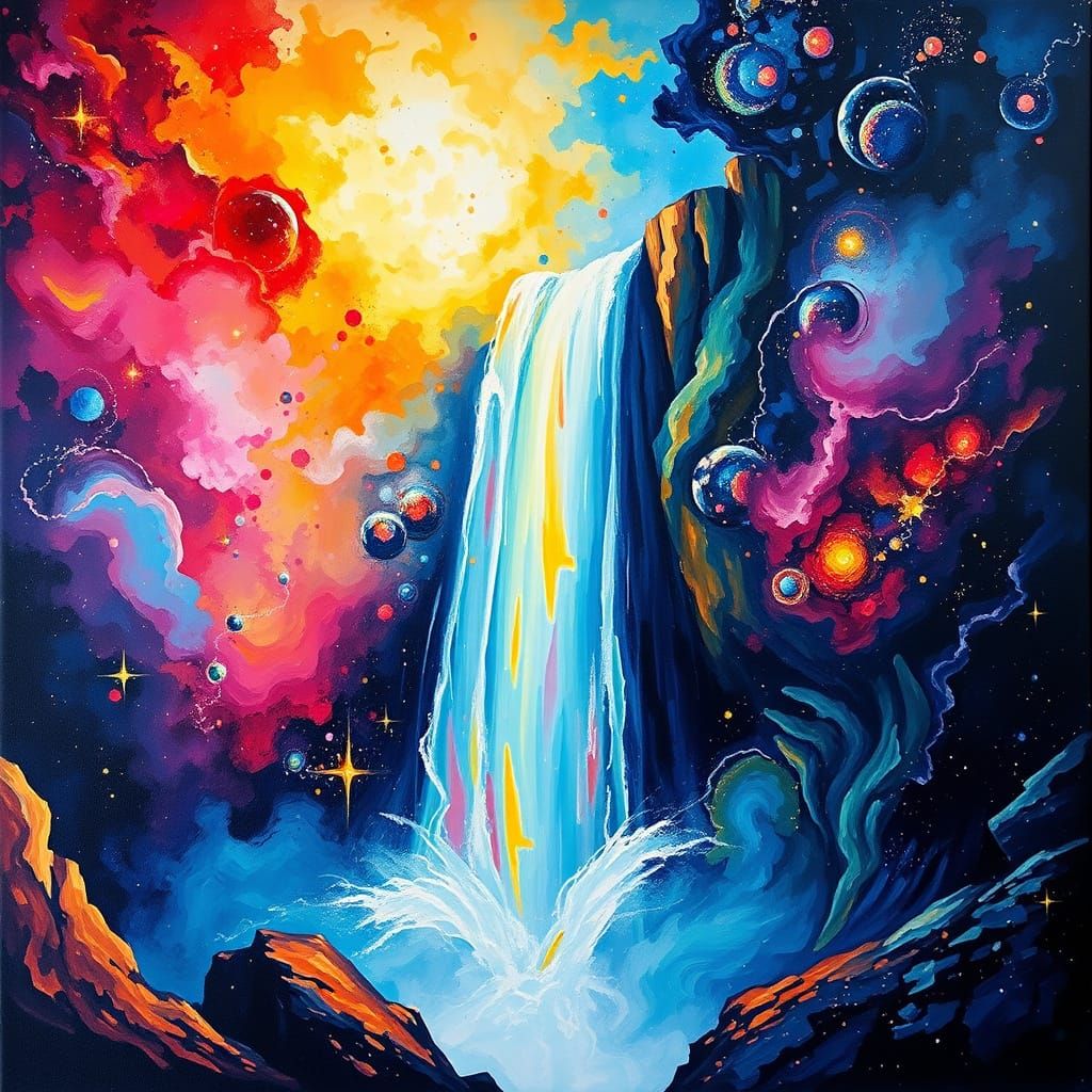 Iridescent Waterfall Flowing Through Nebula in Gouache Style
