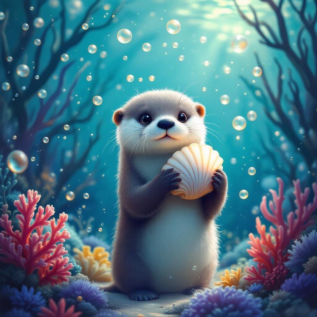 Whimsical Otter with Seashell in Vibrant Coral Reef