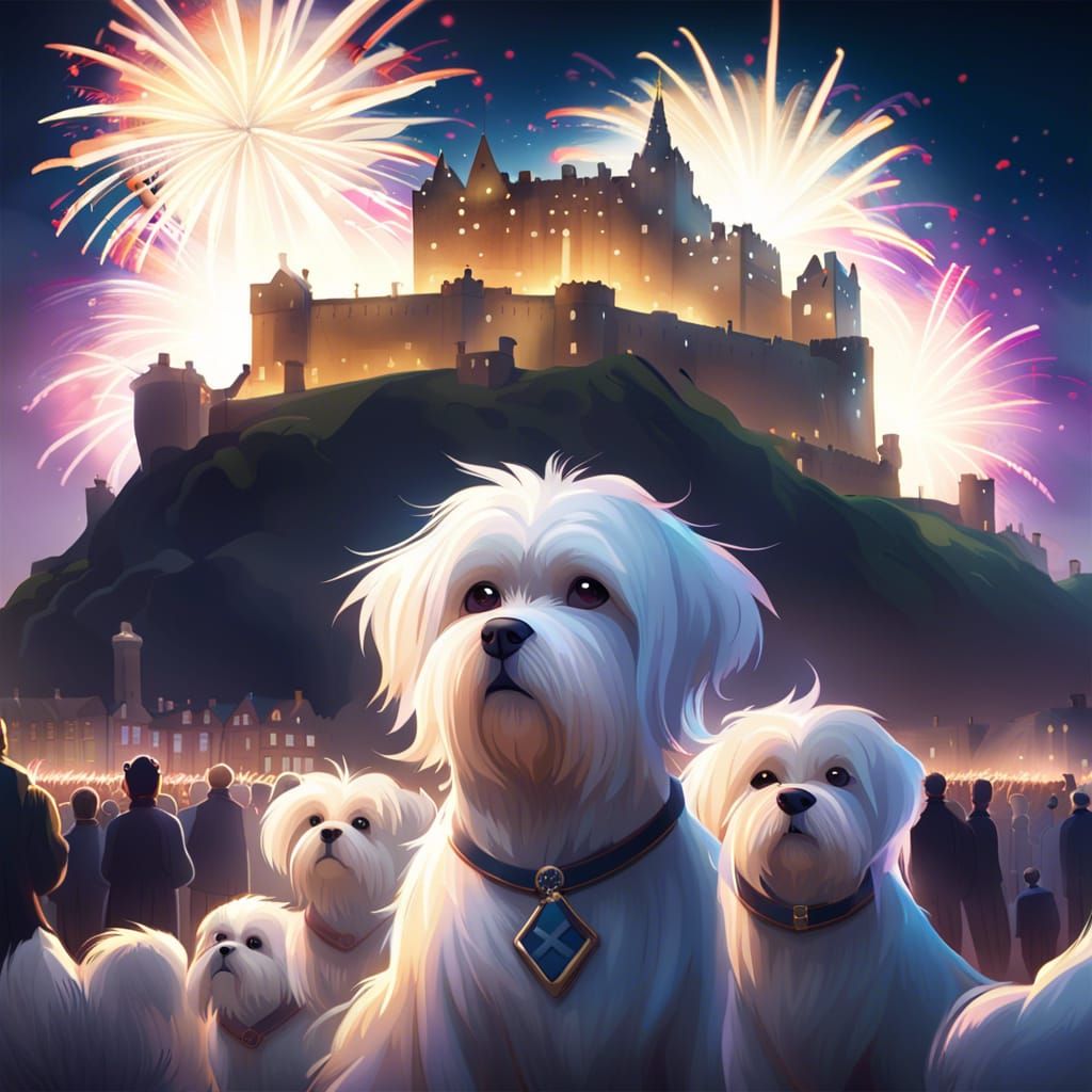 Maltese Dogs Watch Fireworks Display over Edinburgh