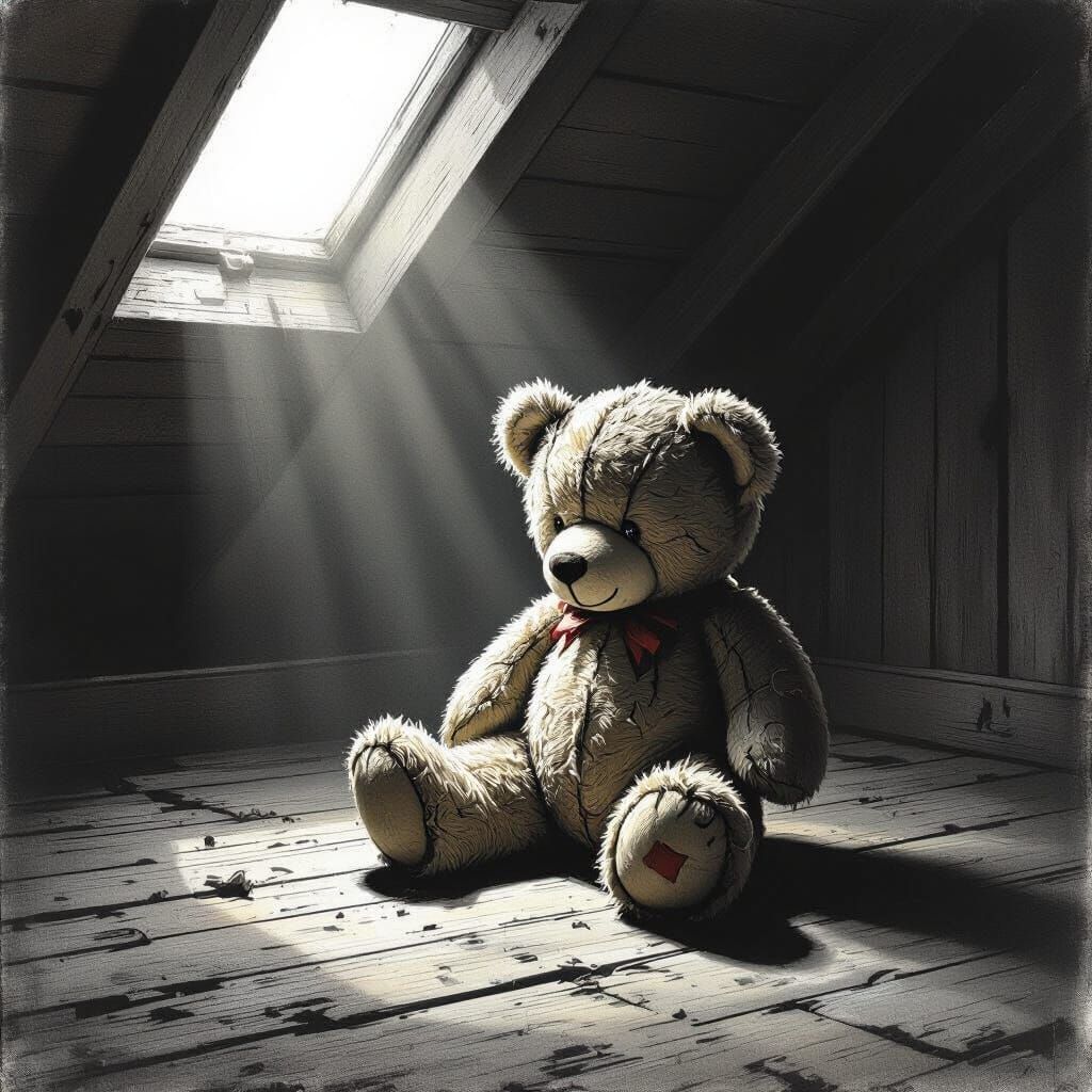 Weathered Teddy Bear in Moonlit Attic