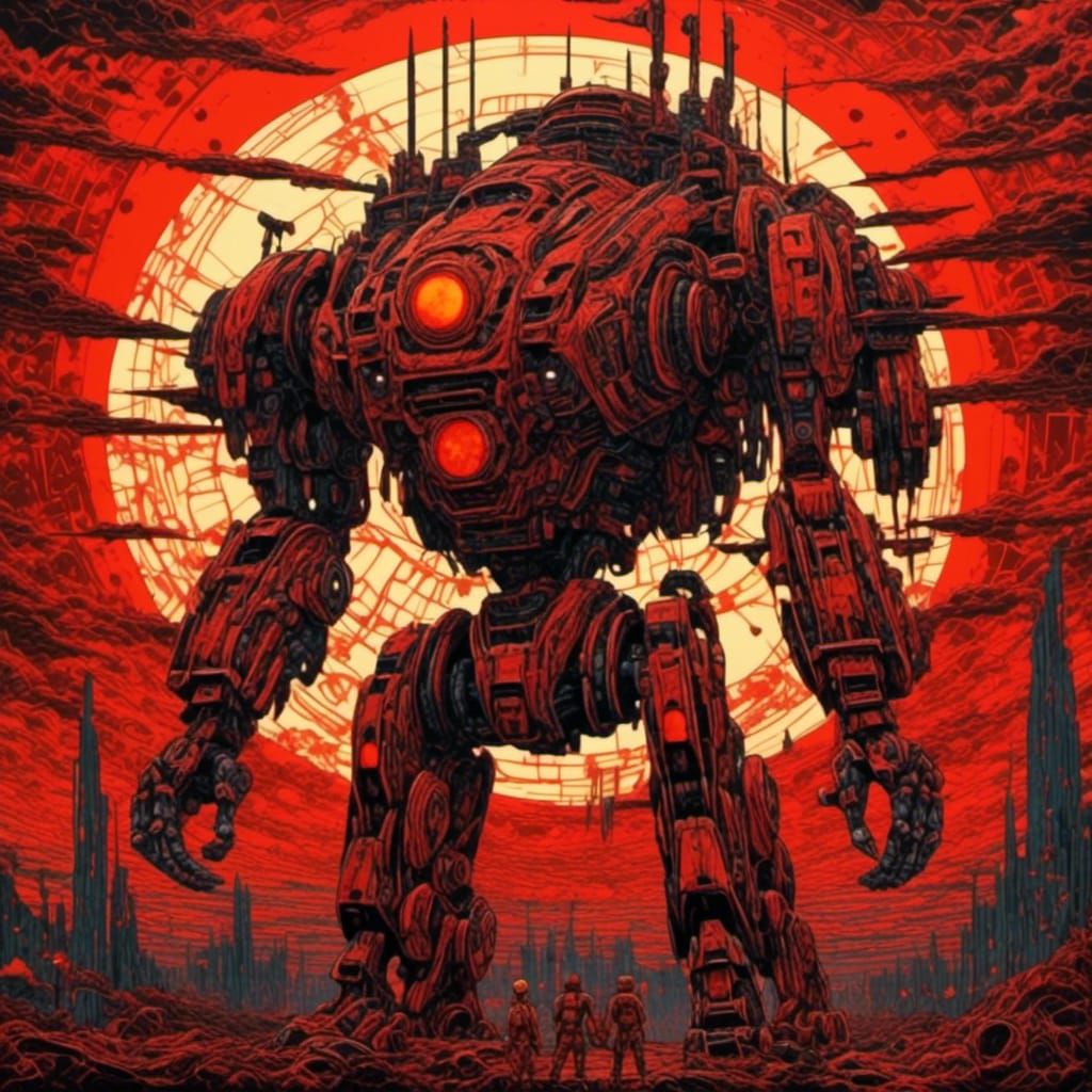 Biomechanical Mecha Silhouette Against Red Sun