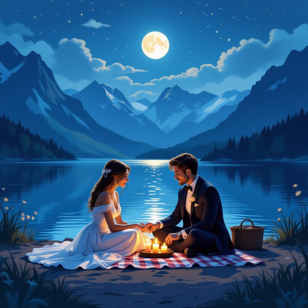 Romantic Lakeside Picnic Under Moonlight