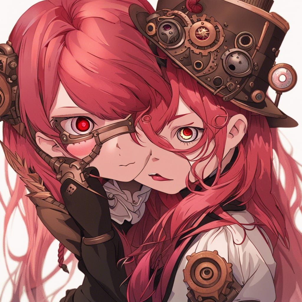 Red-Haired Girl Scares Pink-Haired Girl in Steampunk Setting