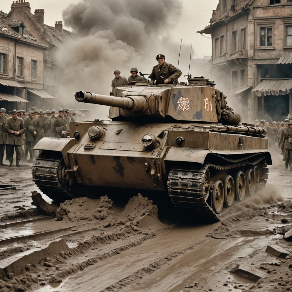 Tiger Tank Commander in Muddy Battlefield, Detailed Matte Pa...