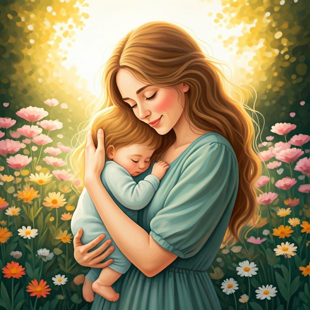 Motherly Love in a Whimsical Garden Scene