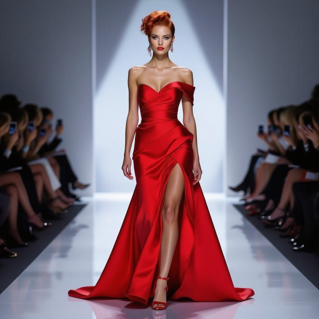 Striking Woman in Red Couture at Fashion Show