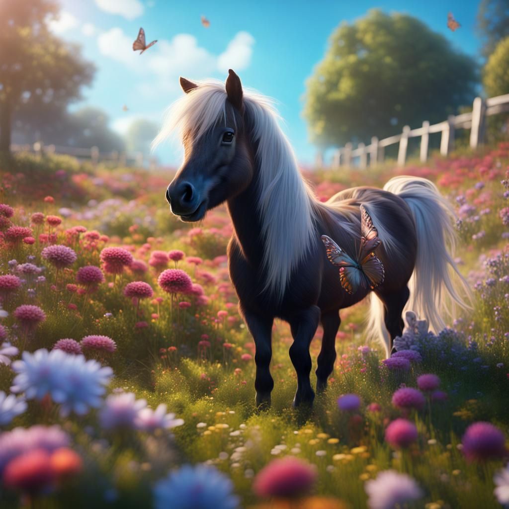 Shetland Pony in a Flower Meadow with Bunnies