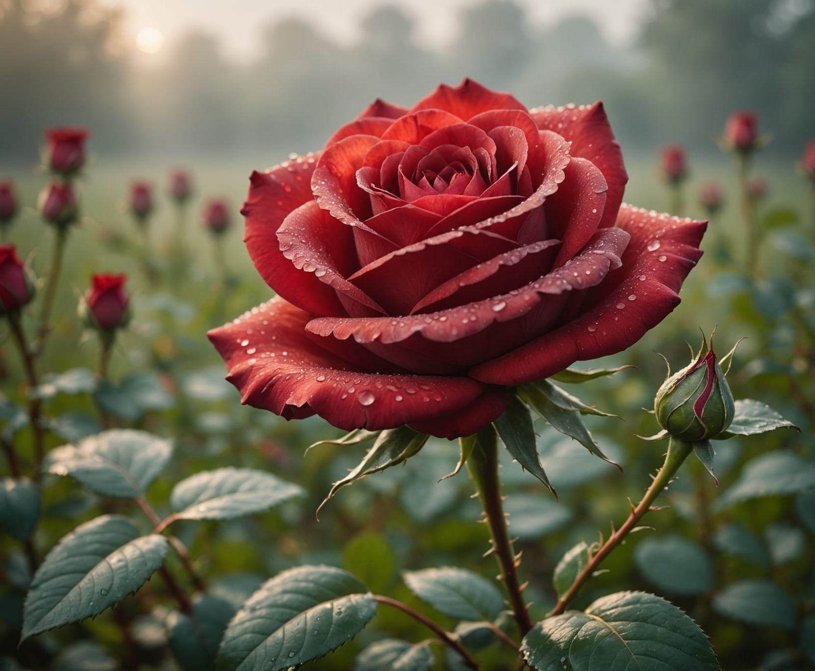 Vibrant Red Rose with Dewdrops in Morning Mist