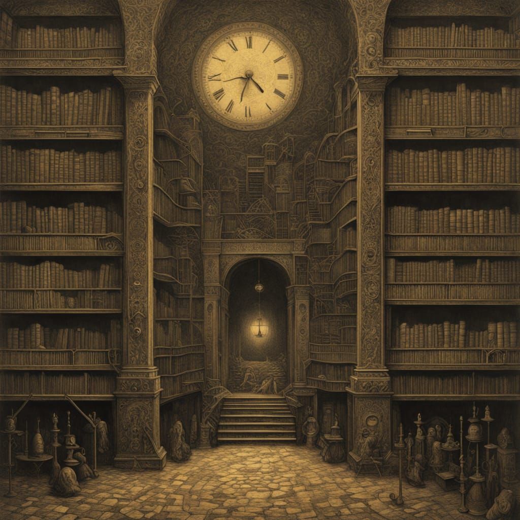 Clockwork Automaton in Ancient Library, Dark Academia Style