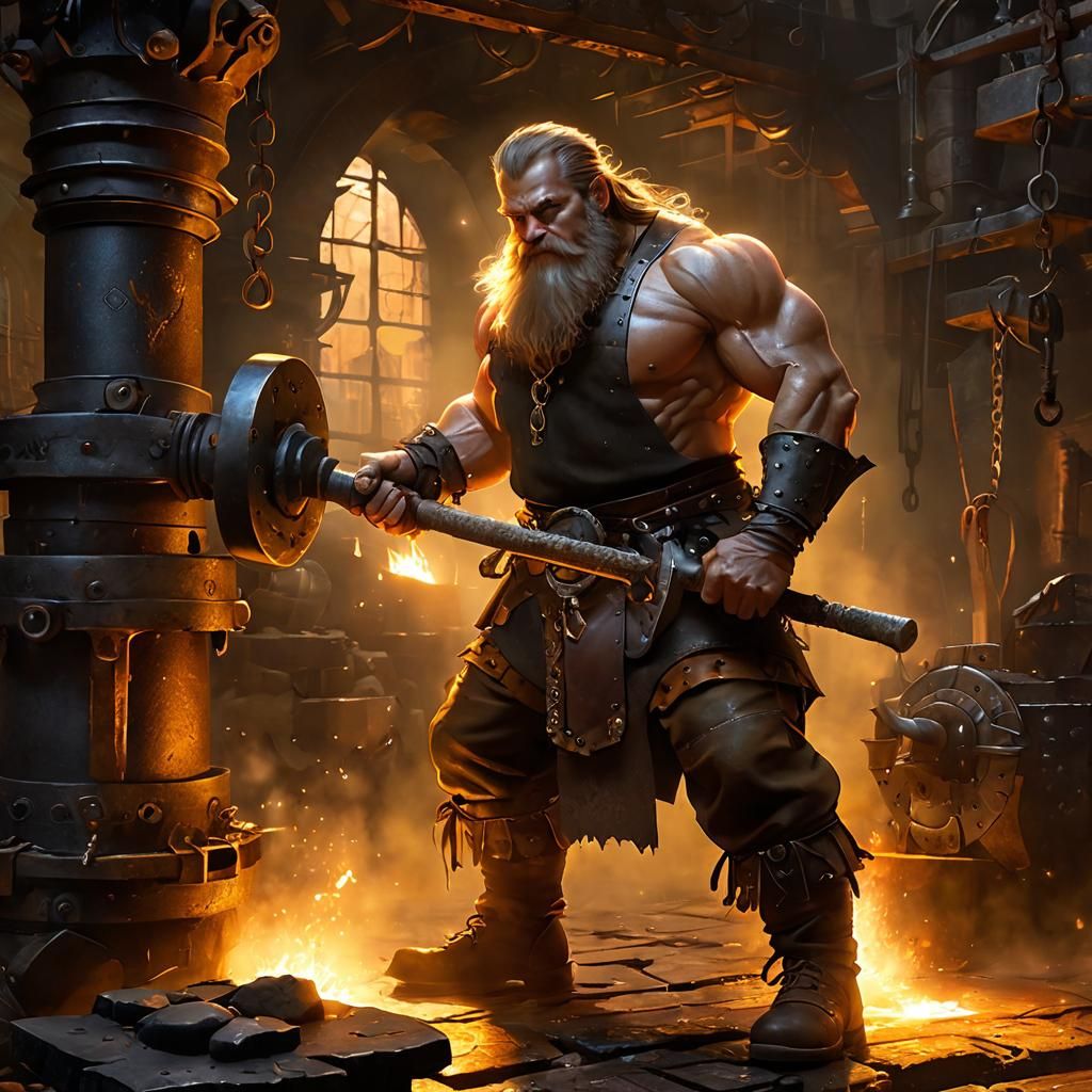 Dwarf Blacksmith in Ancient Forge with Clockwork Gears