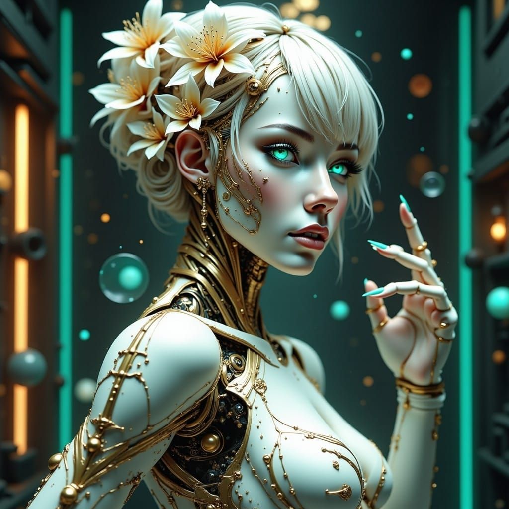 Ethereal Robotic Lady in Laboratory as Digital Art