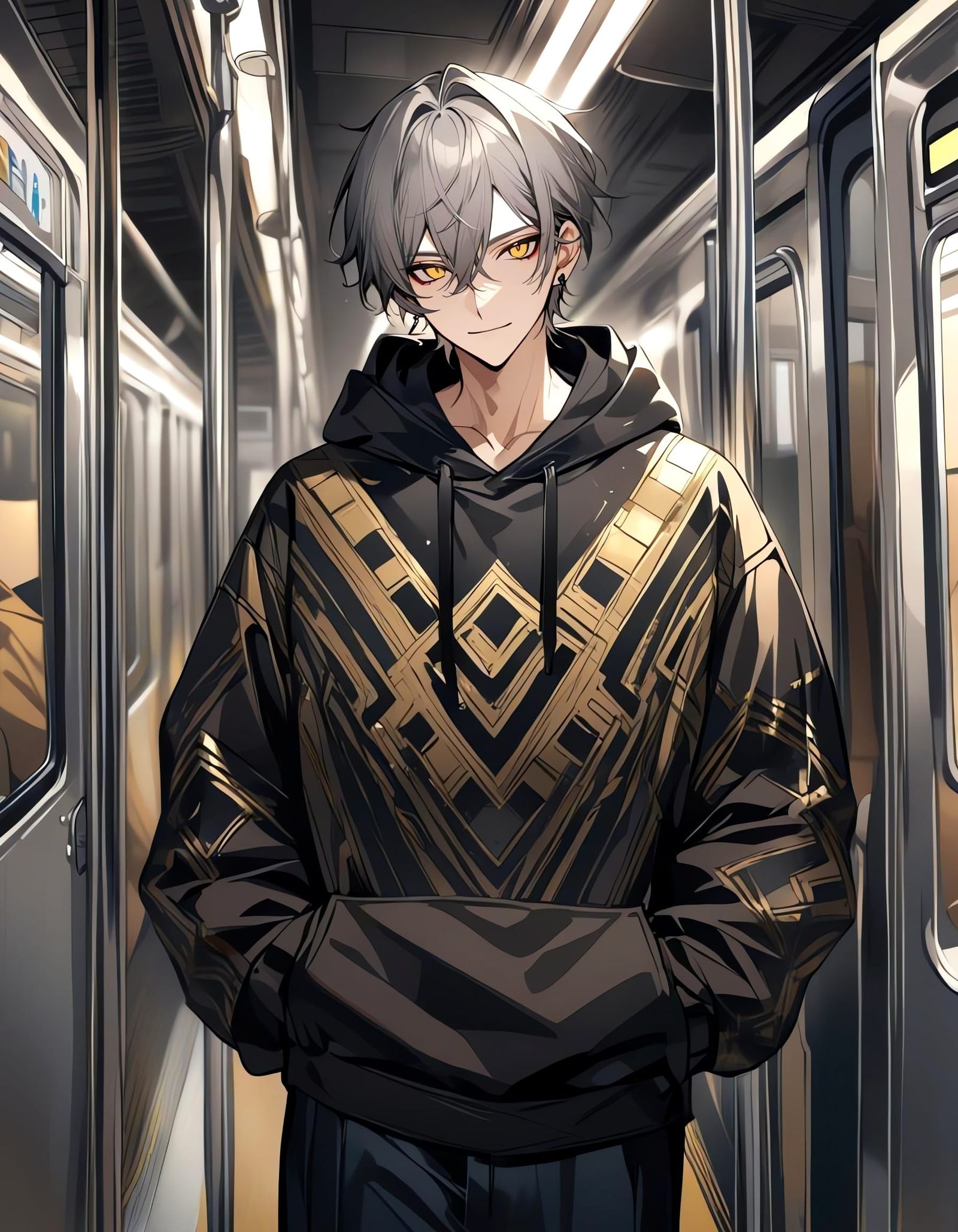 Bishounen with Marble Hoodie in Subway Train
