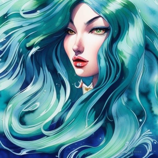 Fluid Teal Hair in Watercolor Gouache Style