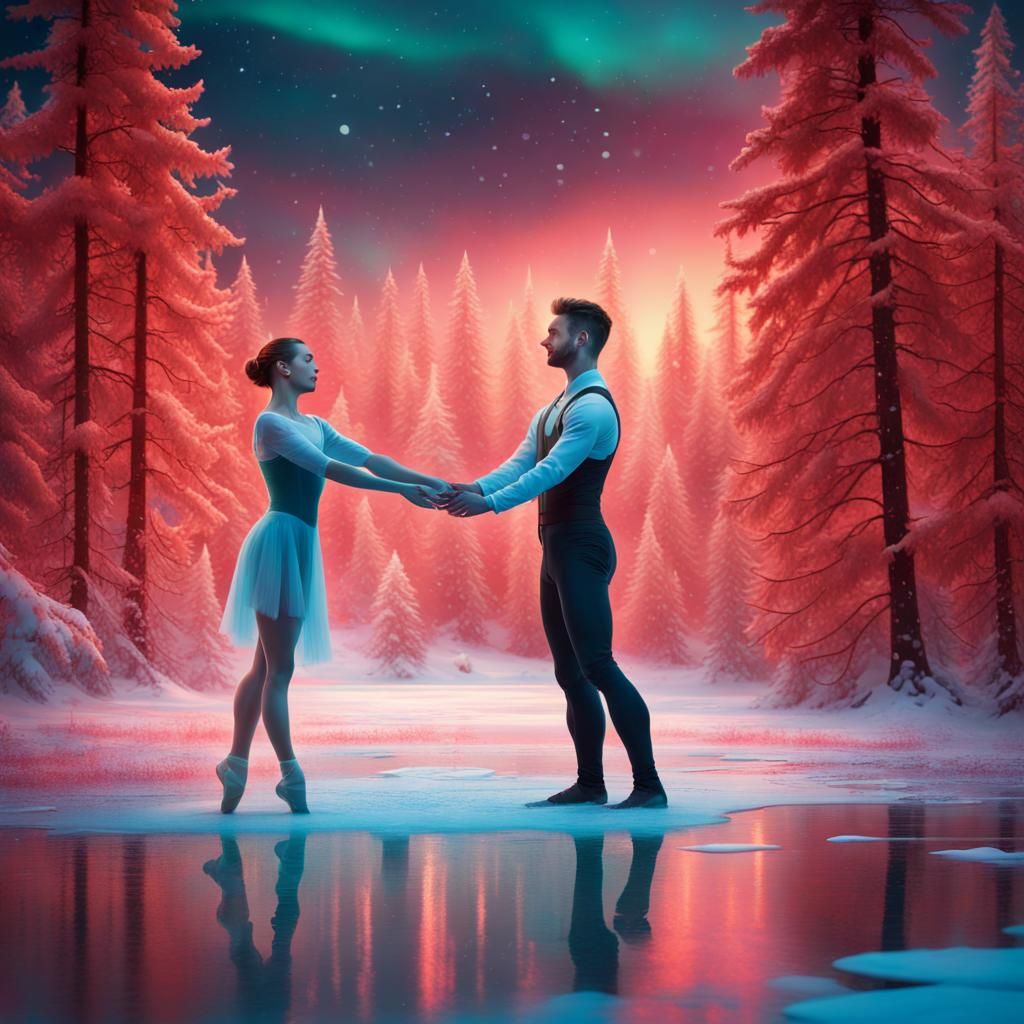 Ballet Couple Dancing on Frozen Lake Under Aurora