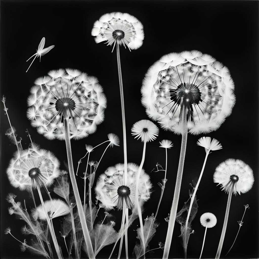 Dandelion Fairies in Black and White Photogram
