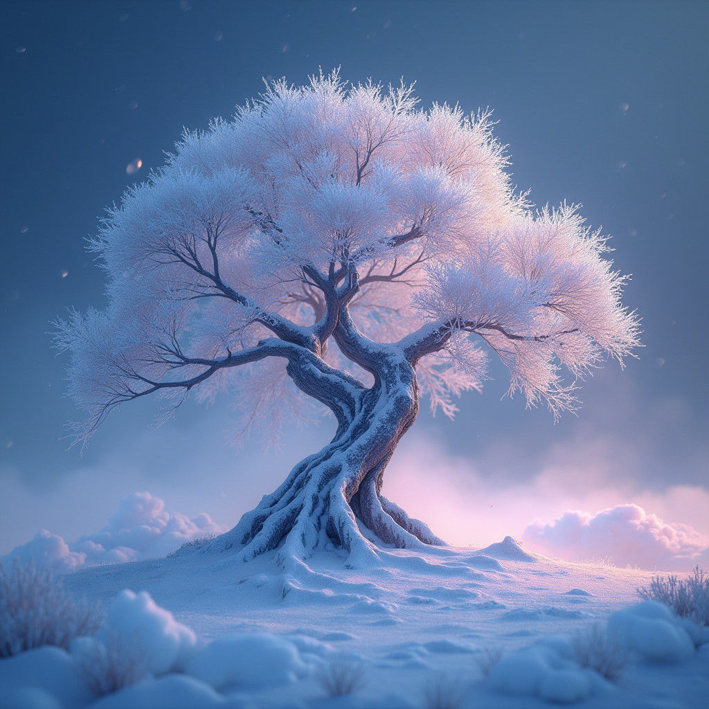 Glowing Snow Tree in Dreamlike Environment