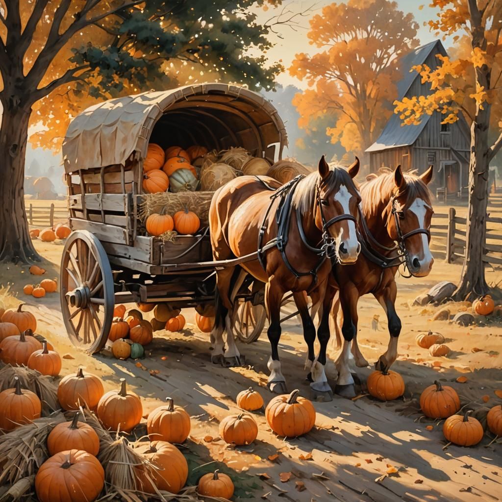 Horses Pulling Wagon of Gourds: Oil Painting