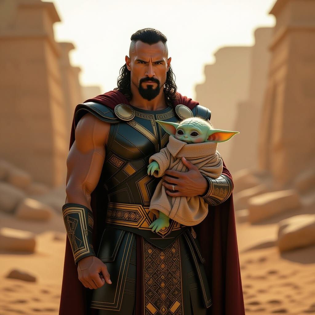 Black Adam and Baby Yoda in Ancient Egypt