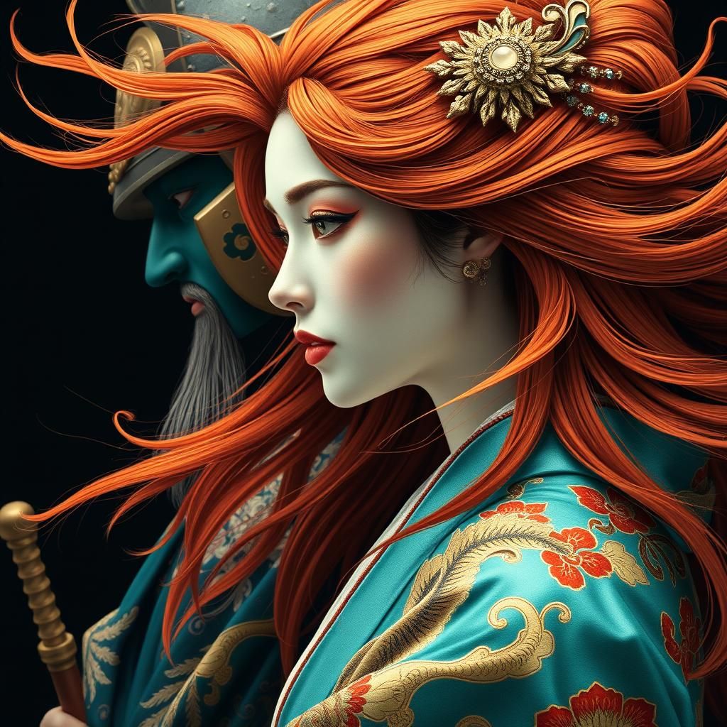 Ornate Art Nouveau Portrait of Warrior and Maiden