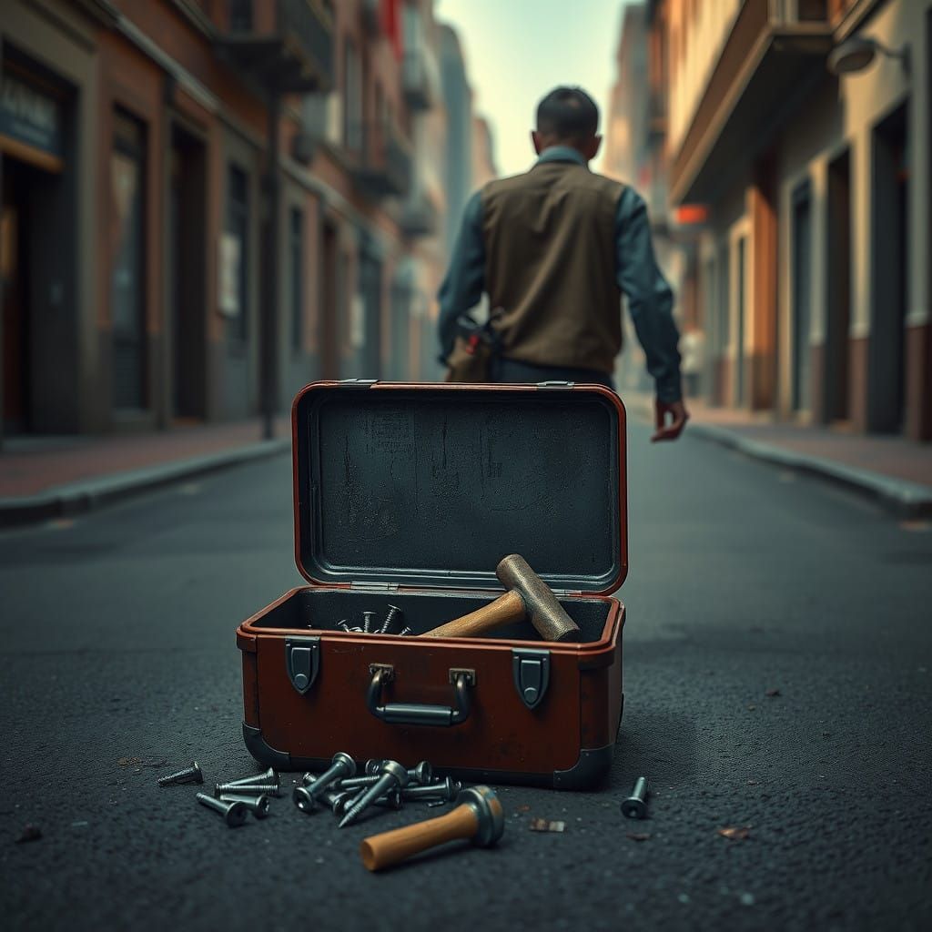 Man Walking Down Street with Fallen Toolbox in Detailed Fant...