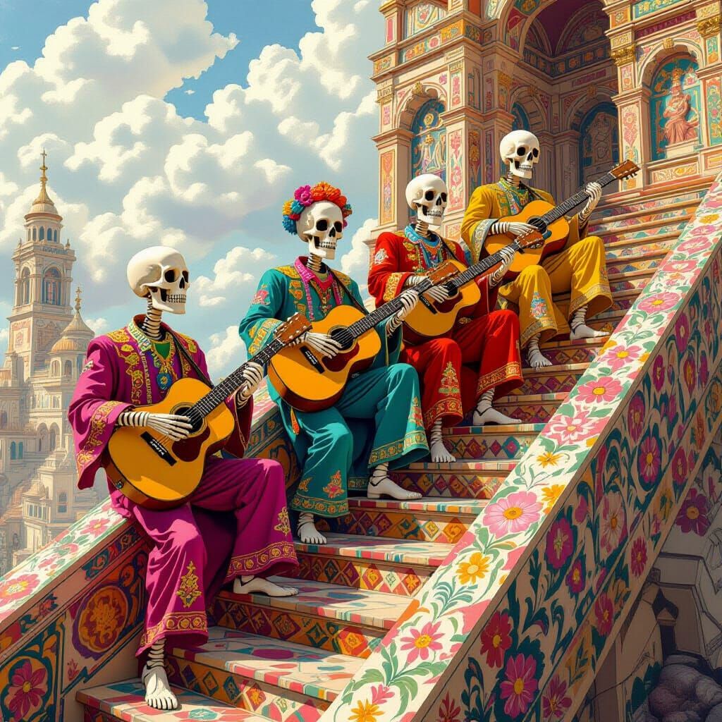 Grateful Dead Skeletons Play on Escher Staircases