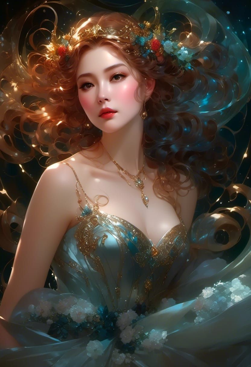 Beautiful Christmas Fairy Goddess Portrait in Oil Painting S...