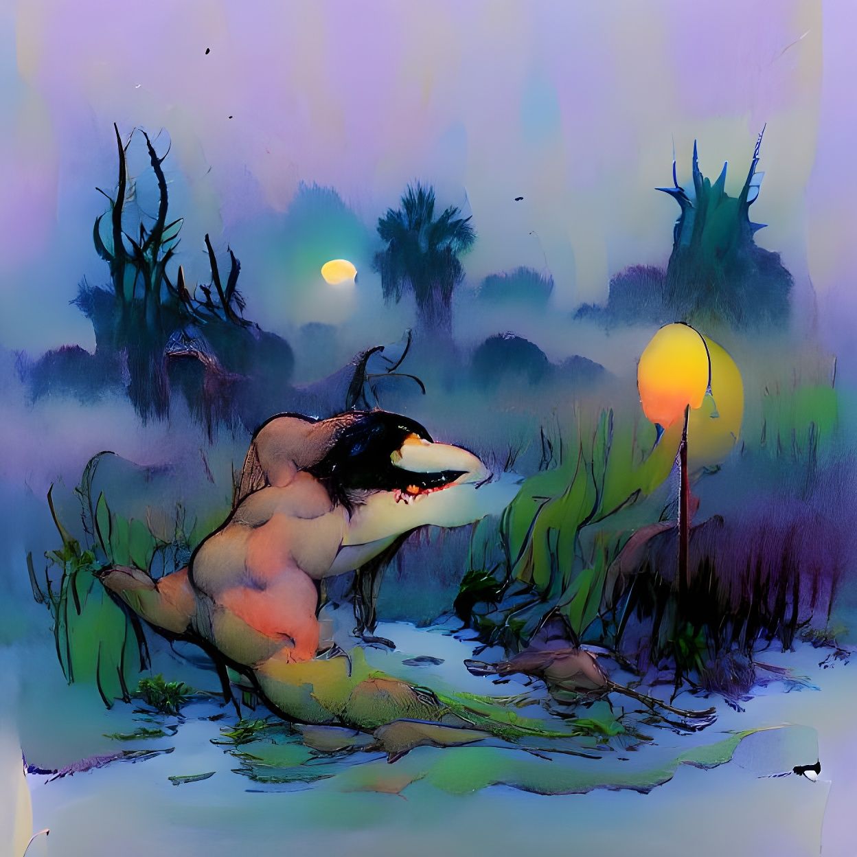 Night Shark in Foggy Swamp, Colored Pencil Art