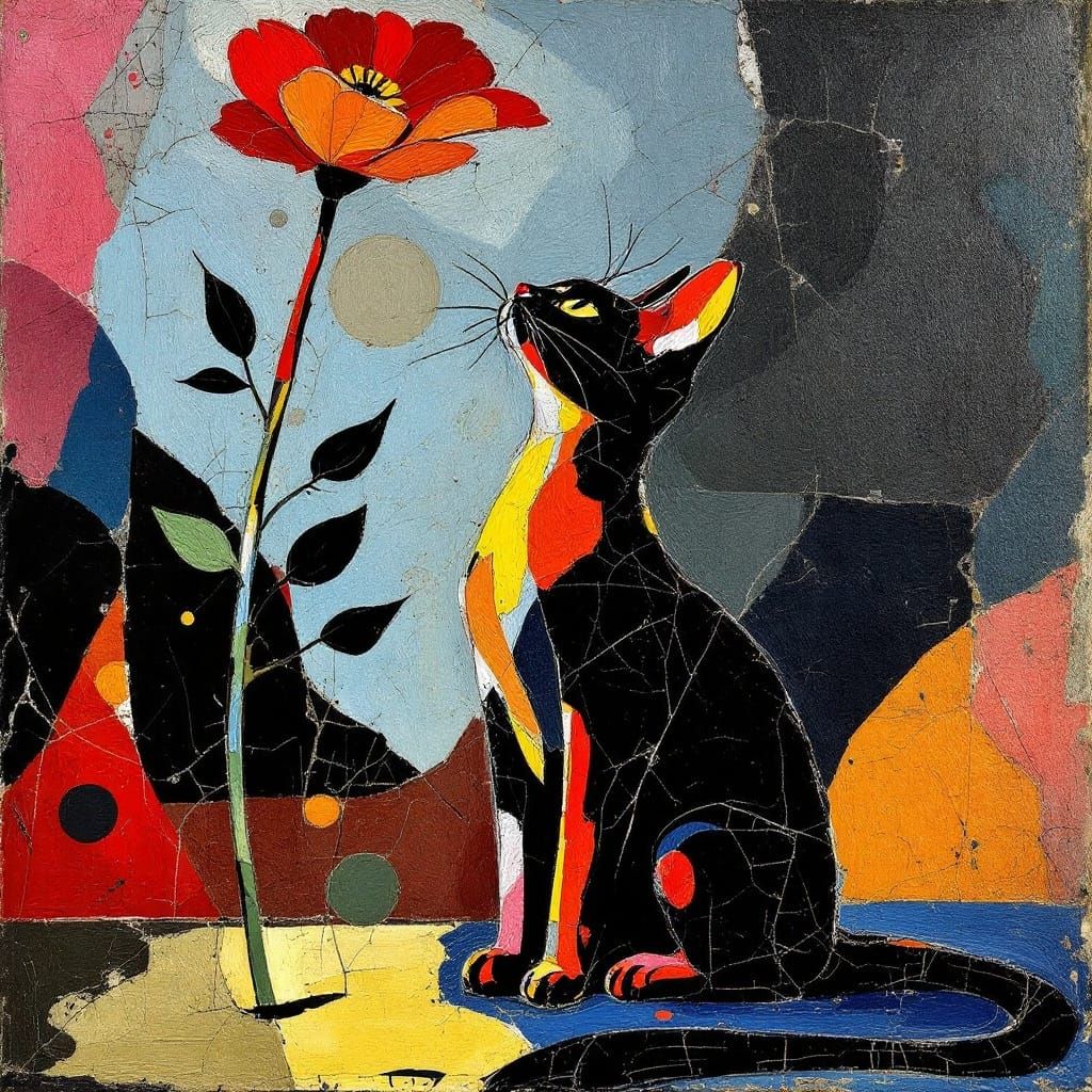 Northern Renaissance Fusion: Whimsical Cat and Flower in Vib...