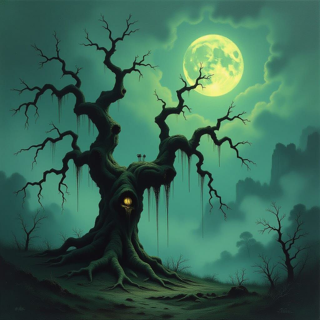 Gothic Tree Crying Sap Moonlight Oil Painting