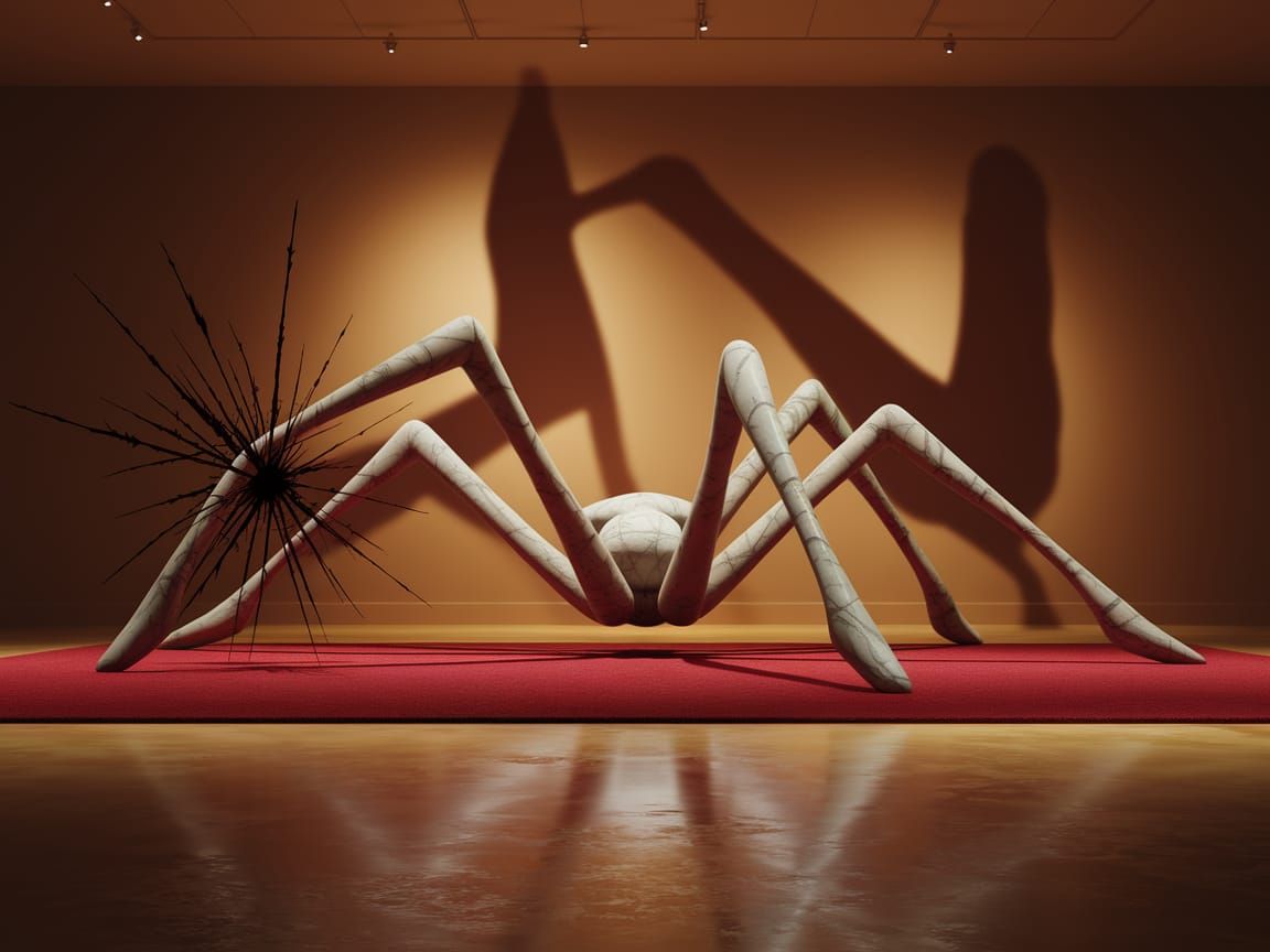 Surrealistic Marble Sculpture Looms on Red Velvet in Dim Gal...