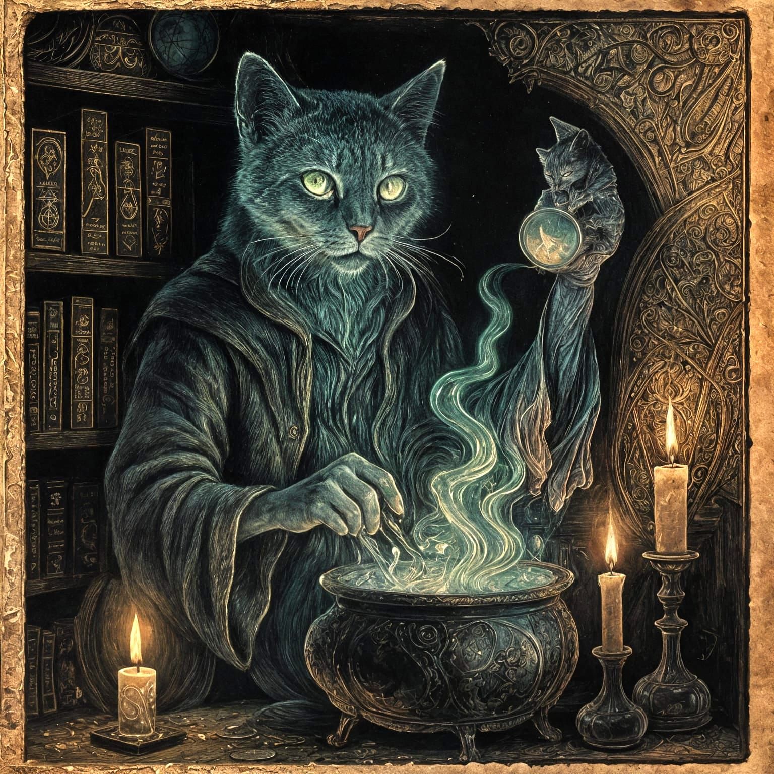 Spectral Cat Alchemist in Golden Age Illustration