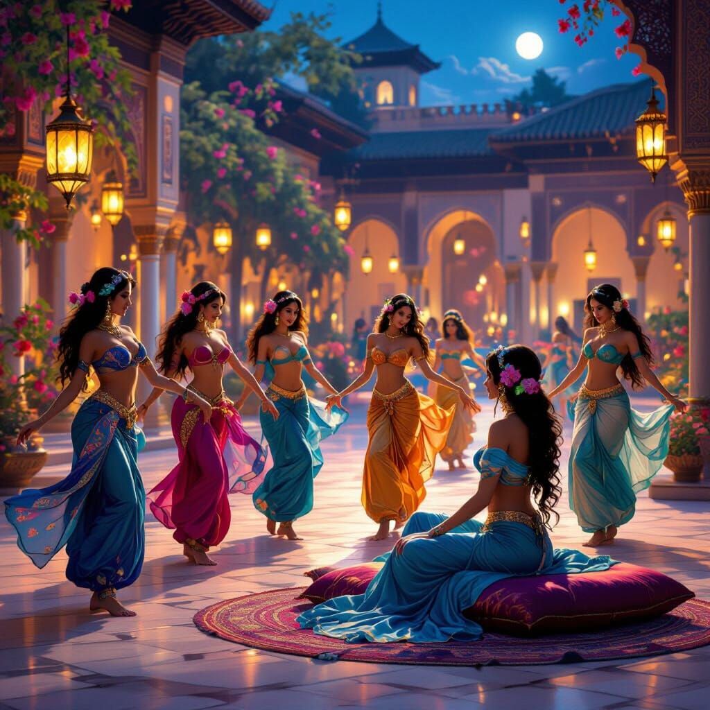 Harem Dancers Enchant Princess Jasmine in Opulent Courtyard