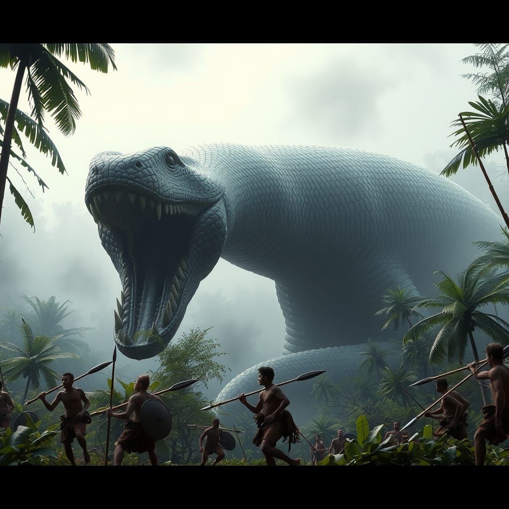 Titanoboa Attack in Primordial Jungle, Photorealistic Detail