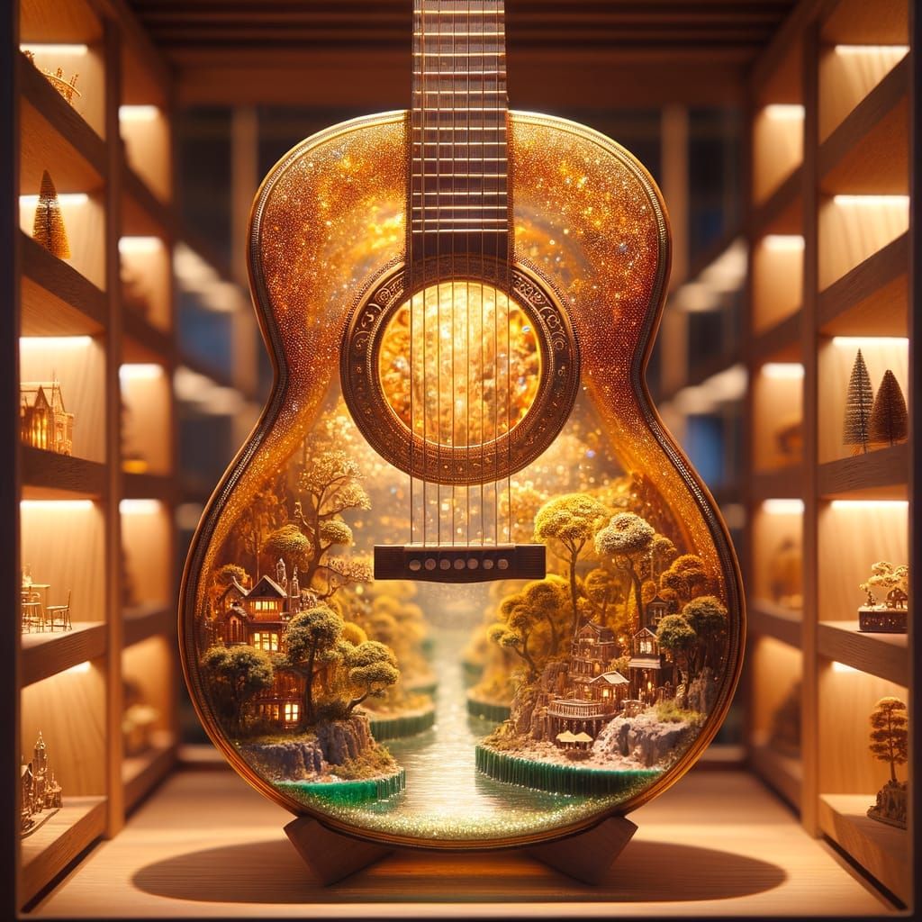 Golden Glass Guitar With Miniature World Displayed
