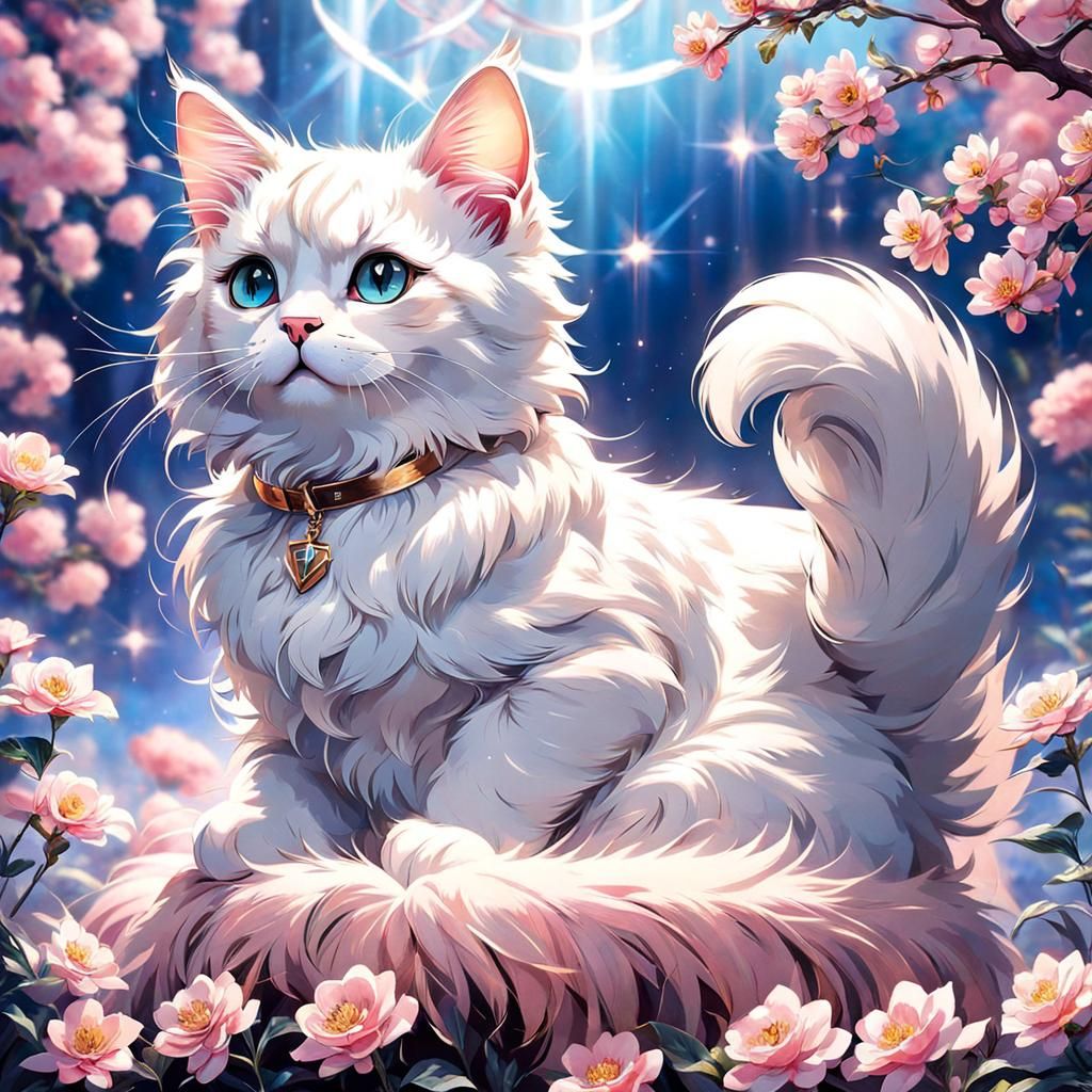 Cute Fluffy Cat in Anime Style