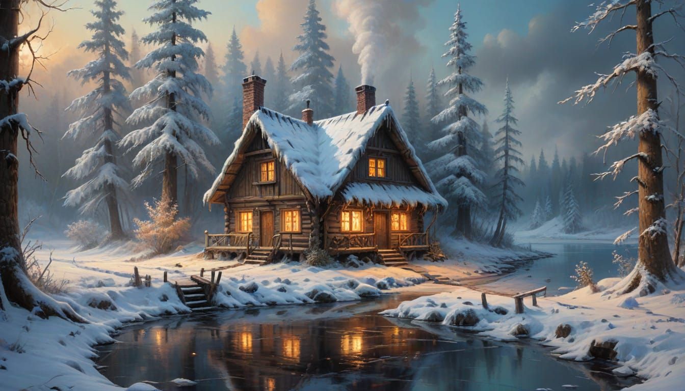 Eerie Fantasy Cottage in Winter Landscape - Expressionist Oi...