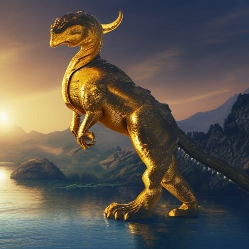 Golden Dinosaur in Lake at Dawn: Digital Matte Painting