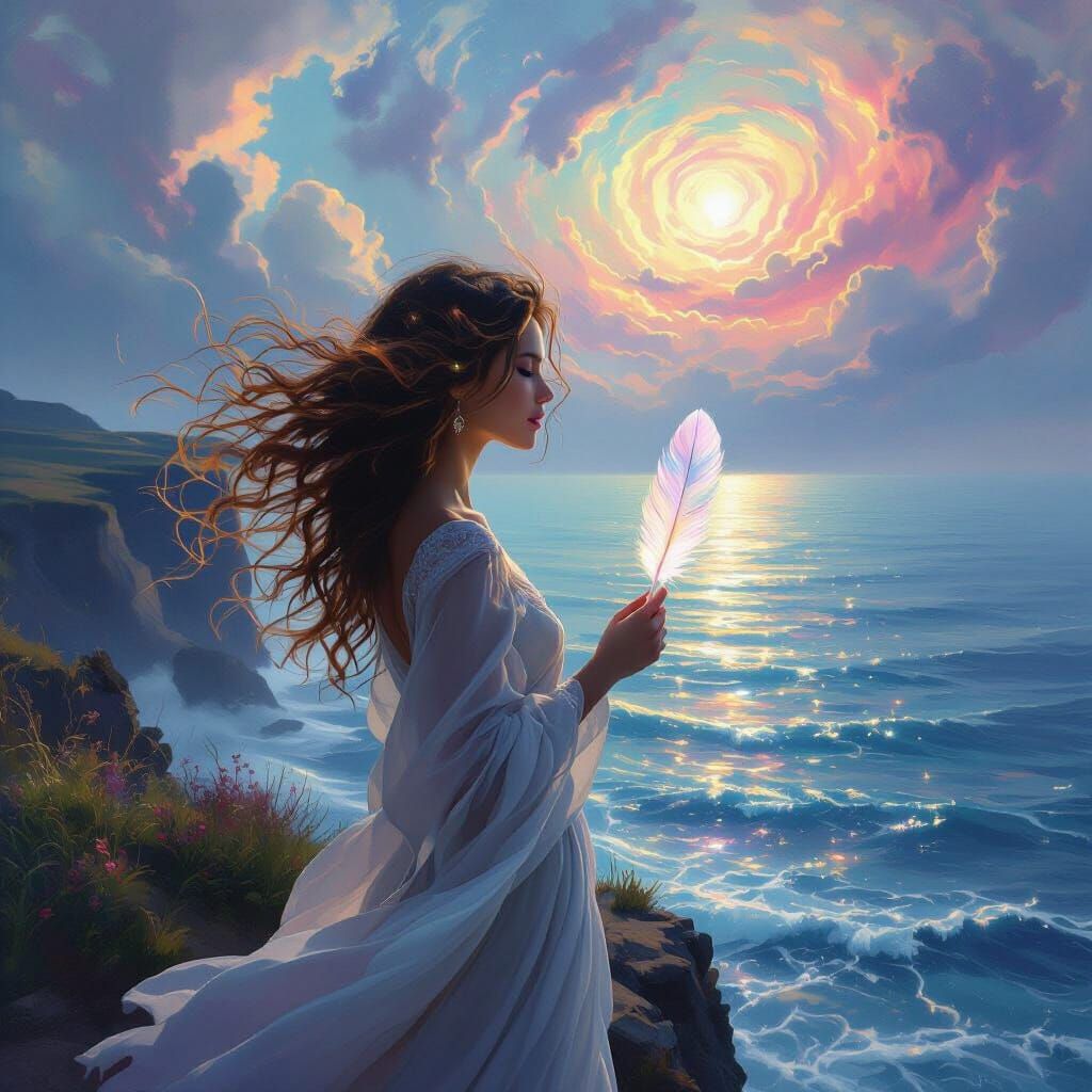 Woman Overlooking Enchanted Ocean with Nebulae Sky