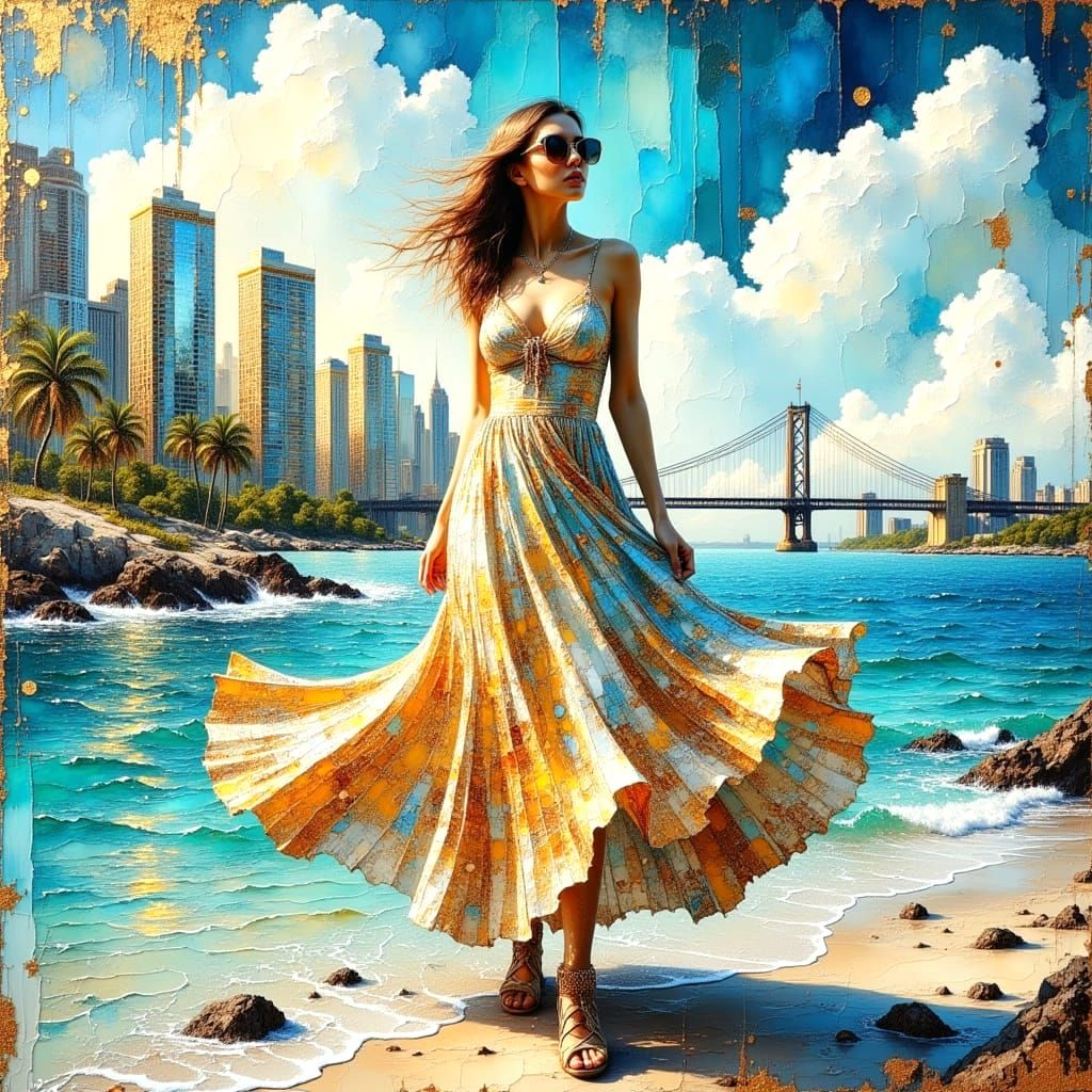 Boho Woman in New York, Alcohol Ink and Impasto