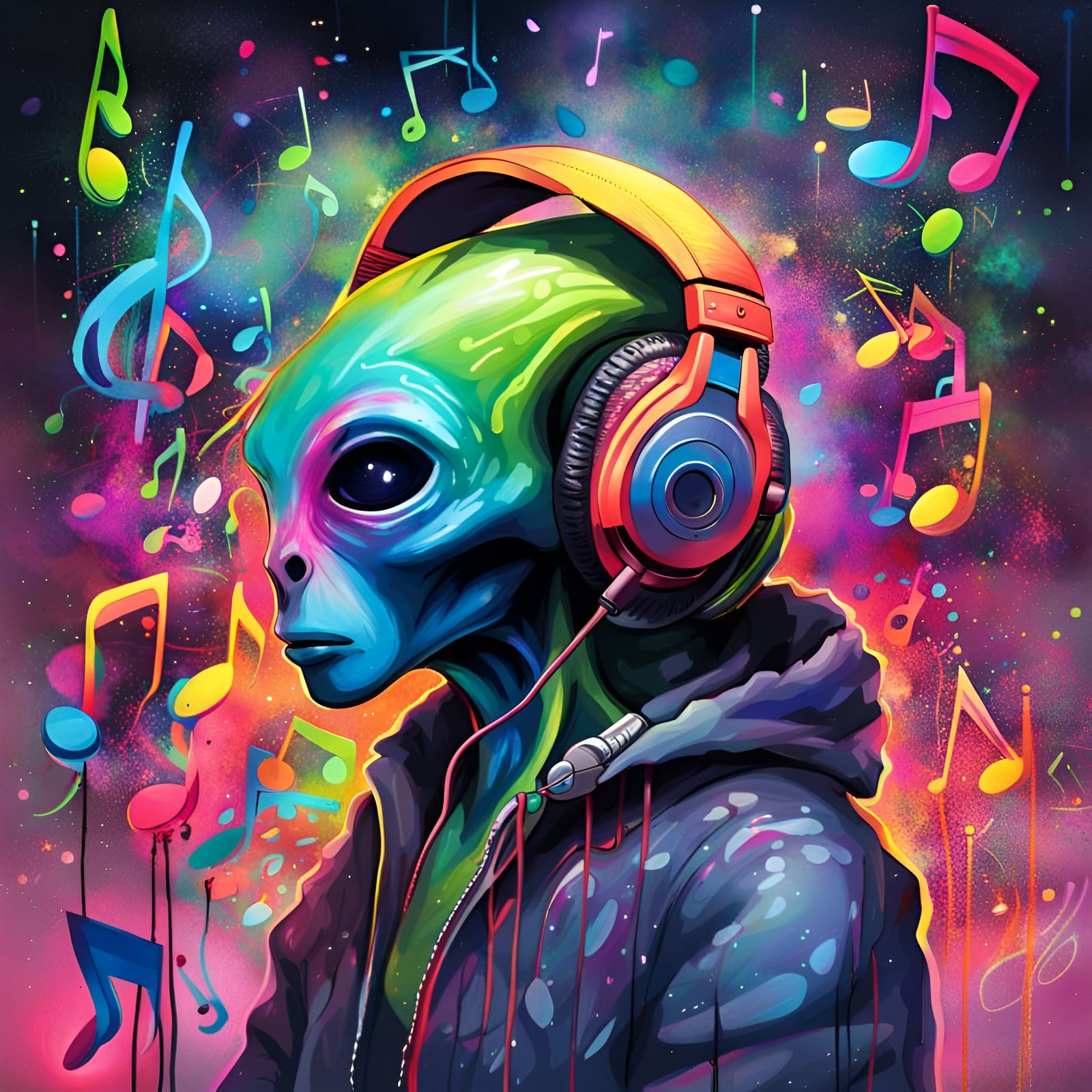 Alien Listens to Galaxy as Graffiti Art