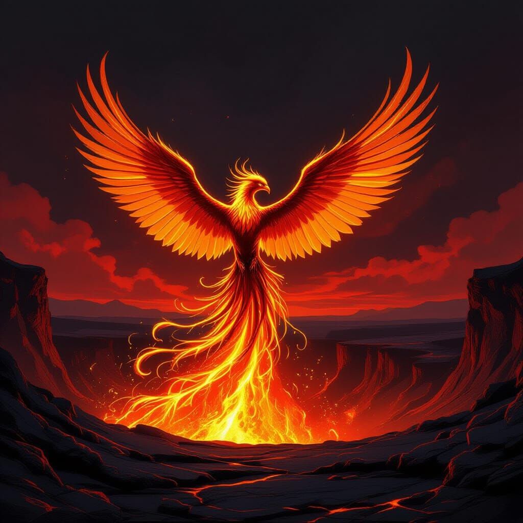Majestic Phoenix Rises From Volcanic Caldera in Fiery Fantas...