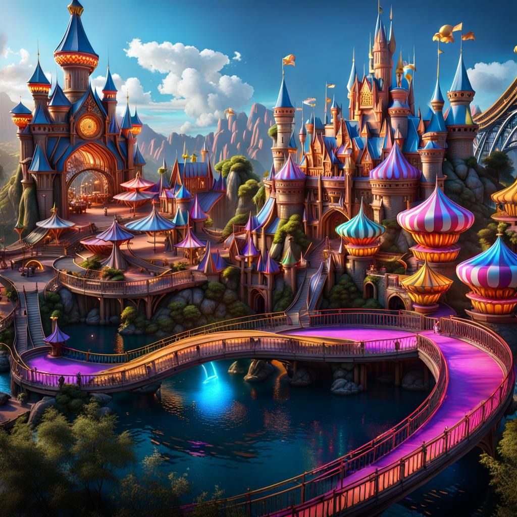 Hyperrealistic Theme Park with Neon Lights, 8K