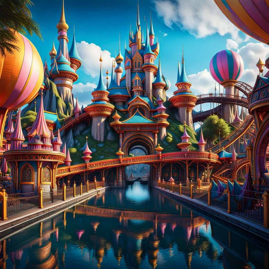 Detailed Theme Park with Neon Colors in Fantasy Art