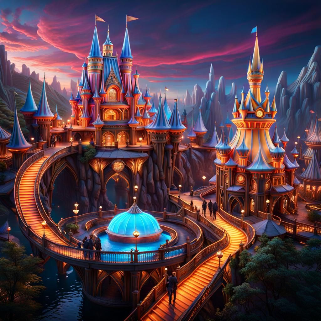 Neon Theme Park with Roller Coasters in Detailed Matte Paint...