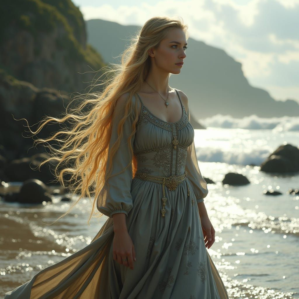 Medieval Woman Walks the Fantastical Coastline